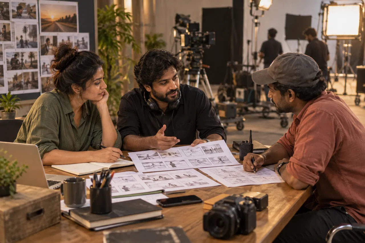 Illustrative production team planning a shoot with storyboards