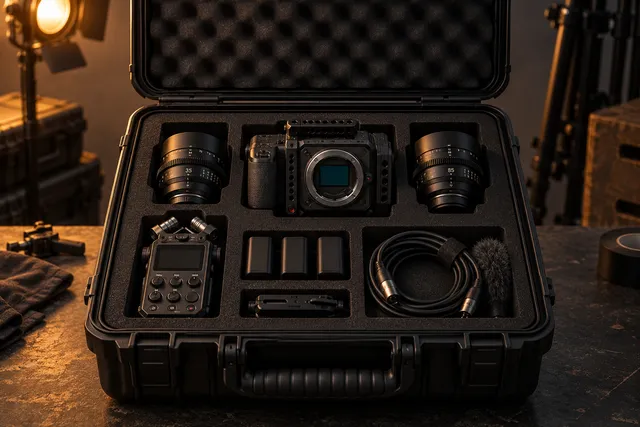 Illustrative camera, lenses and audio equipment packed in a protective case